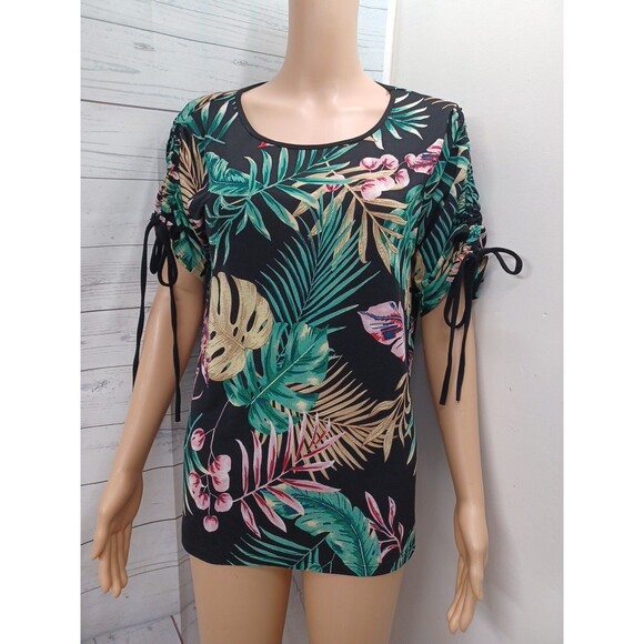 Lavish Womens Black Ruched Short Sleeve Top Floral Tropical Sz L - Picture 1 of 9